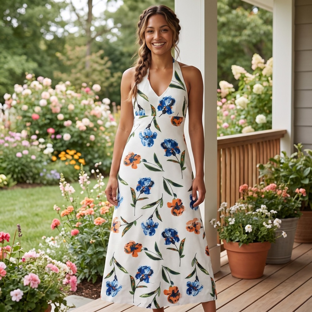 Frances Valentine Floral Halter Maxi Dress Women 0 White Iris Garden Party
